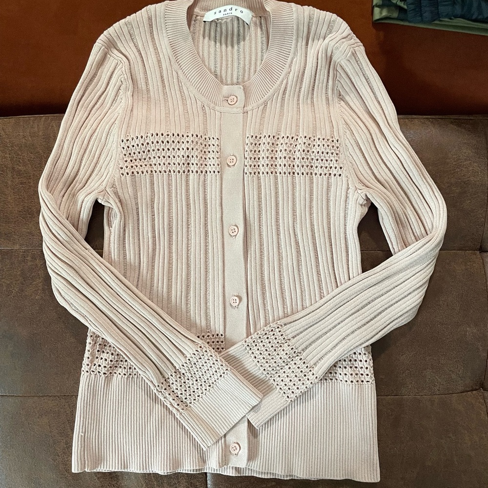 Sandro Blush Pink Ribbed Button-Front Cardigan